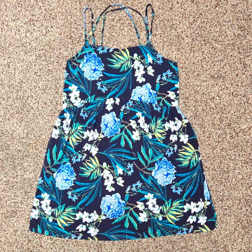 Old Navy Blue and Green Floral Dress XL Pockets Summer Tropical Spaghetti Straps